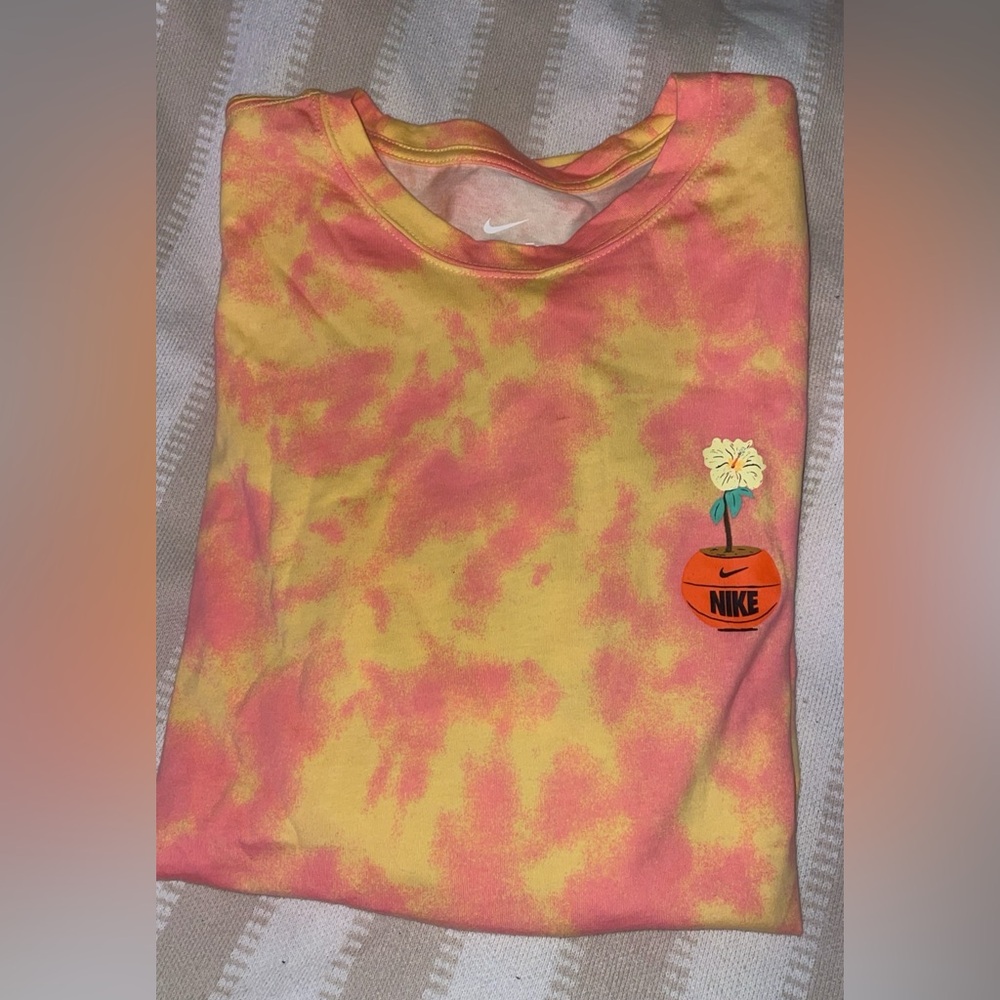Nike Loose Fit Tee-  Yellow and Orange Tie-Dye Tee with Floral/Basketball Design
